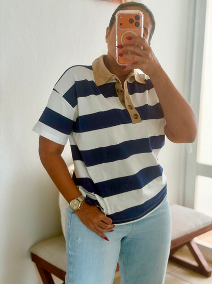Navy Blue Striped Spandex Polo Top (SOLD)