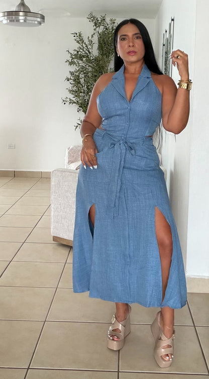 Denim Blue Halter Spandex Cut-Out Midi Dress