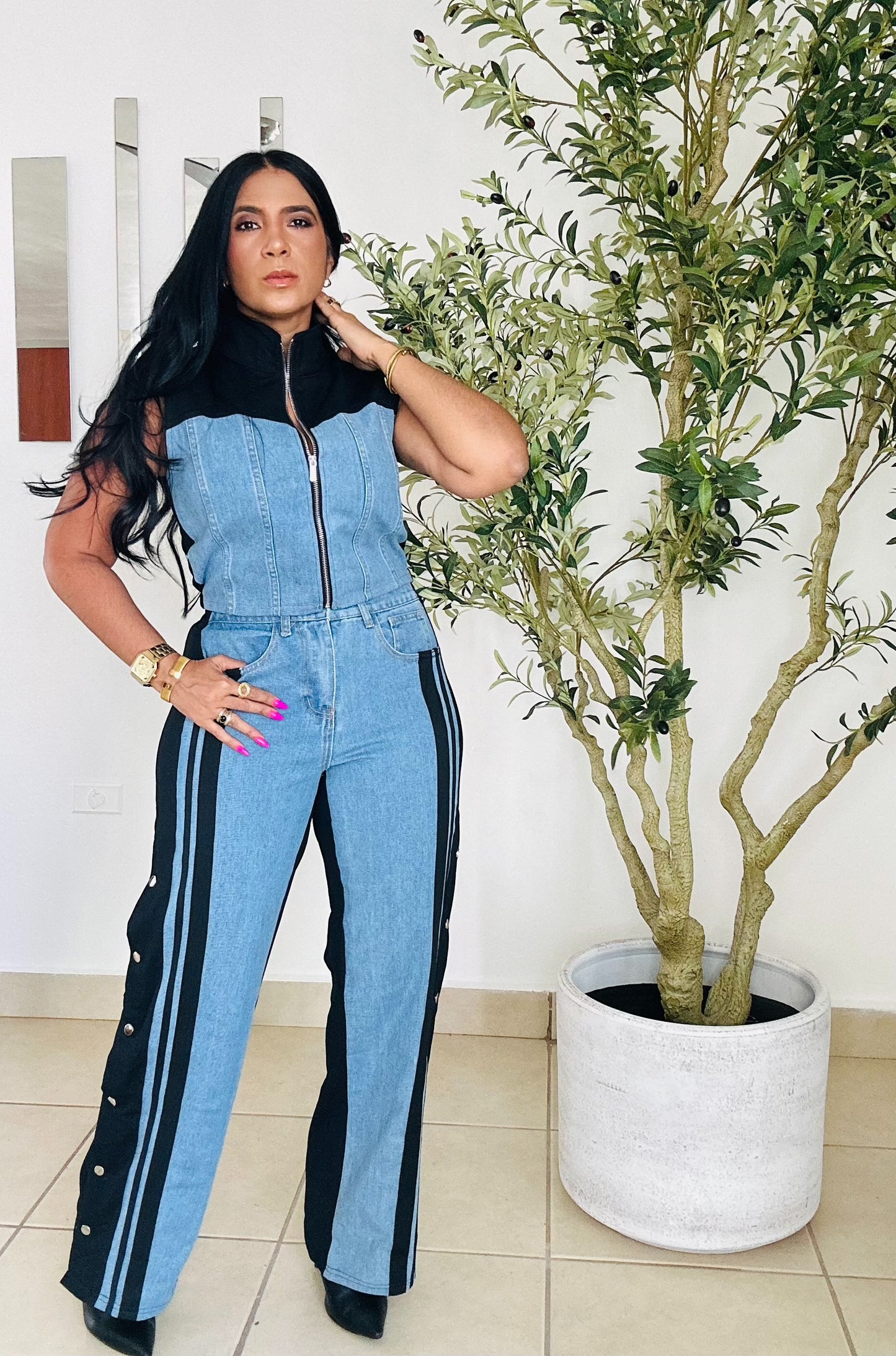 Lela Black and Denim Spandex Travel Set (tiene bolsillos y totalmente expandible) único color