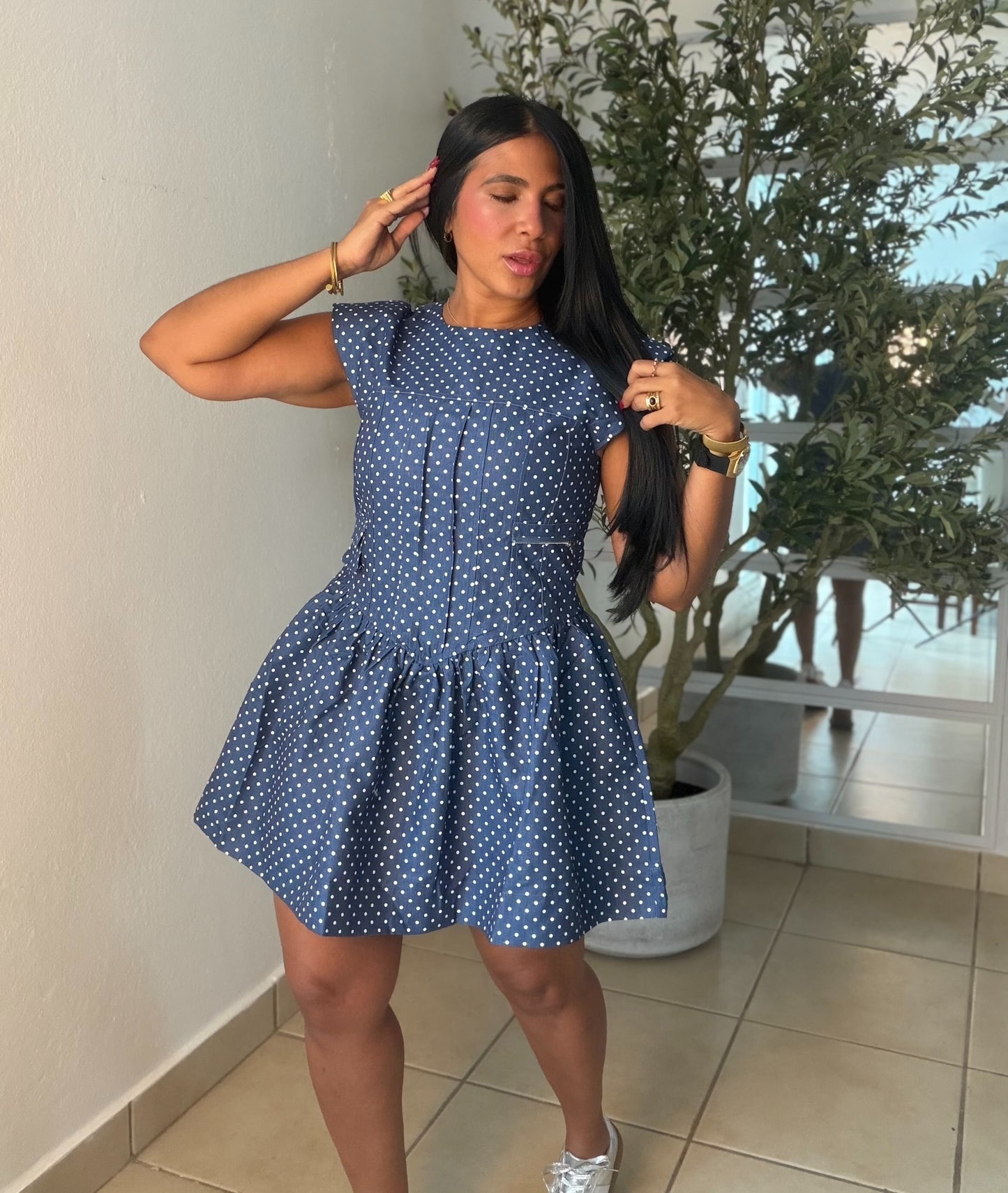 Denim Blue Mini Polka Dots Spandex Dress Blue.  Tiene bolsillo removible (SOLD OUT GRACIAS)