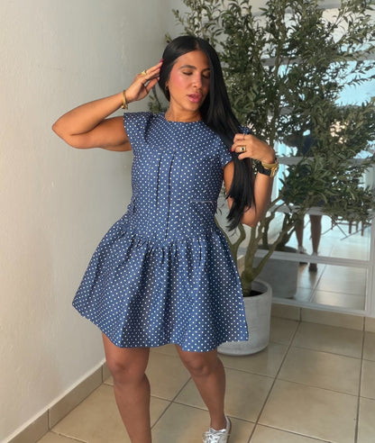 Denim Blue Mini Polka Dots Spandex Dress Blue.  Tiene bolsillo removible (SOLD OUT GRACIAS)