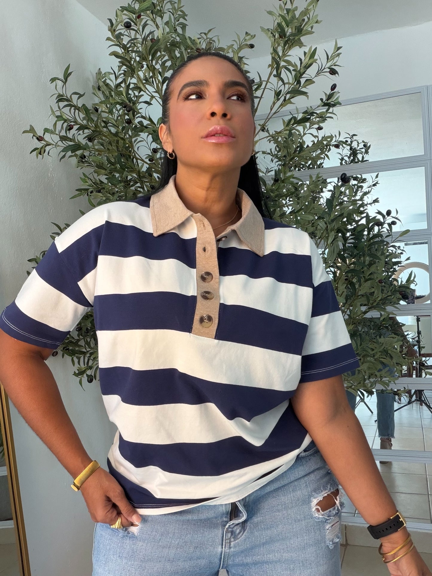 Navy Blur  and White Luxe Spandex Premium Striped Polo Shirt (camisa con lìneas color azul navy) De lujo!