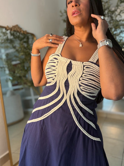 Palacios Crochet and Linen Spandex Doble forro suelto Maxi Dress (azul oscuro marino) Navy Blue