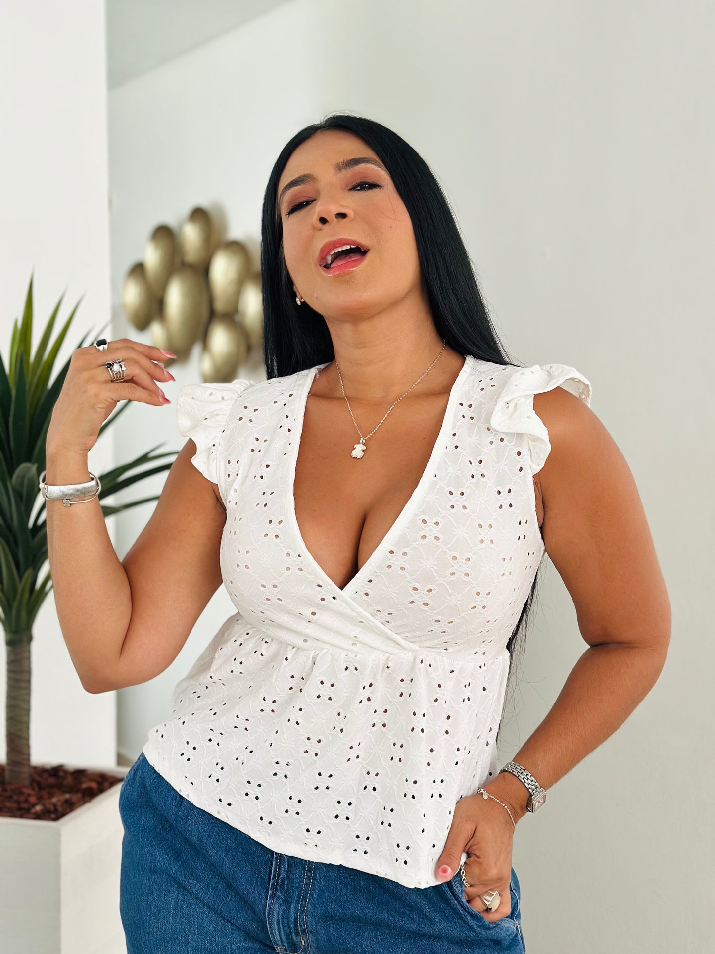 White Spandex Lycra Euelet Peplum Top