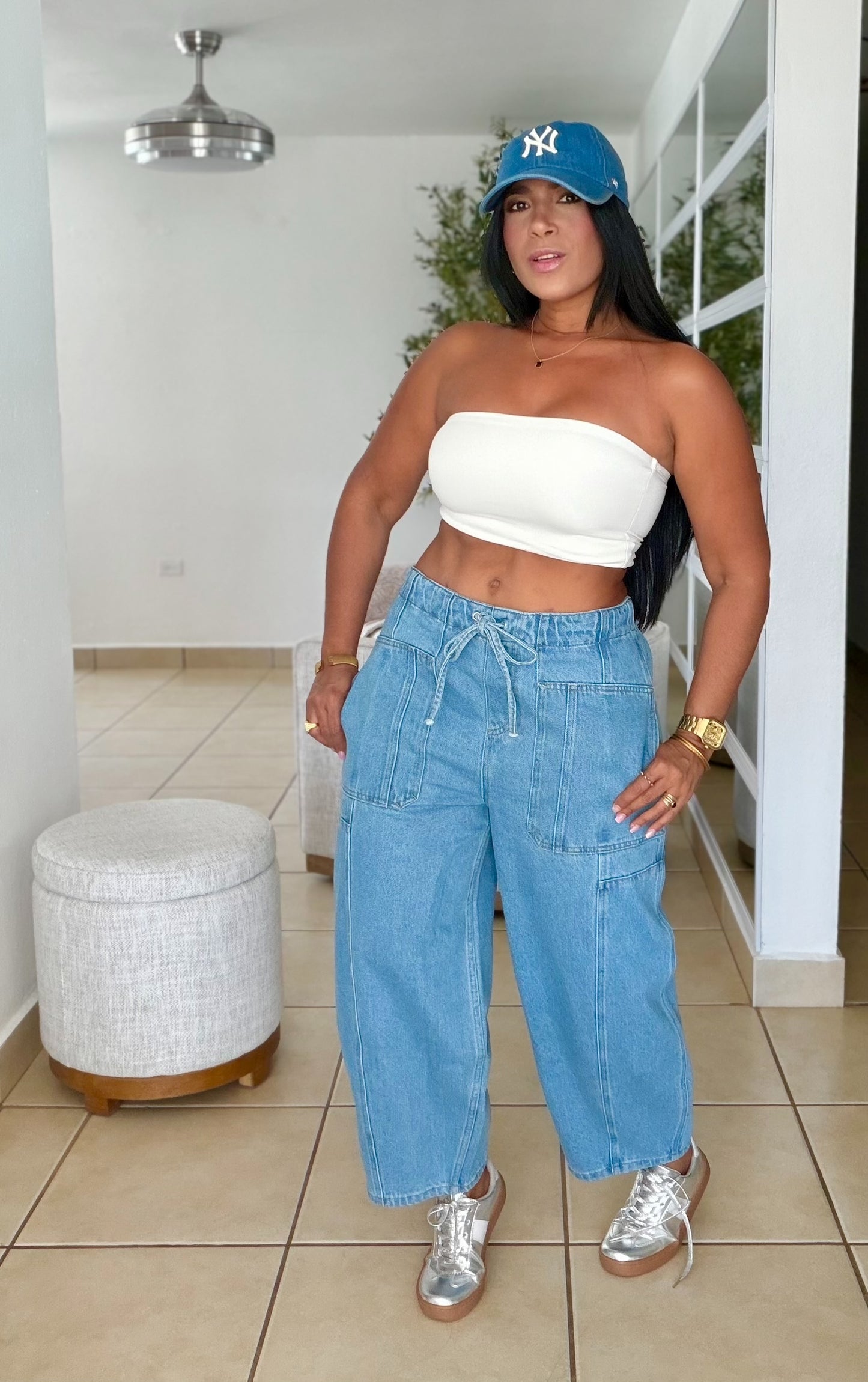 De Lujo Blue Espectaculat Spandex Barrel Jeans (BAGGY AZUL)