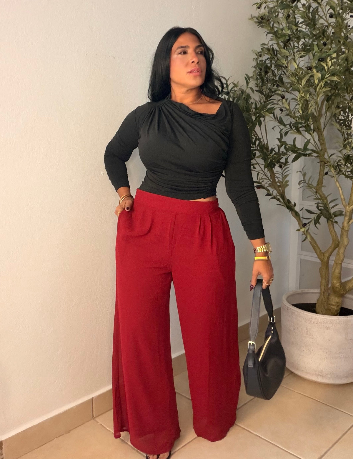 Luxe Red Wine Palazzo Spandex Pants (ben spandex es para quedar suelto porque es palazzo) con bolsillos