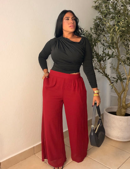 Luxe Red Wine Palazzo Spandex Pants (ben spandex es para quedar suelto porque es palazzo) con bolsillos