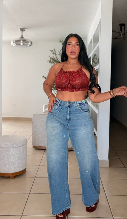 Denim Blue Vibrant Detail Baggy Wide Jeans (puesto small) lo amoo