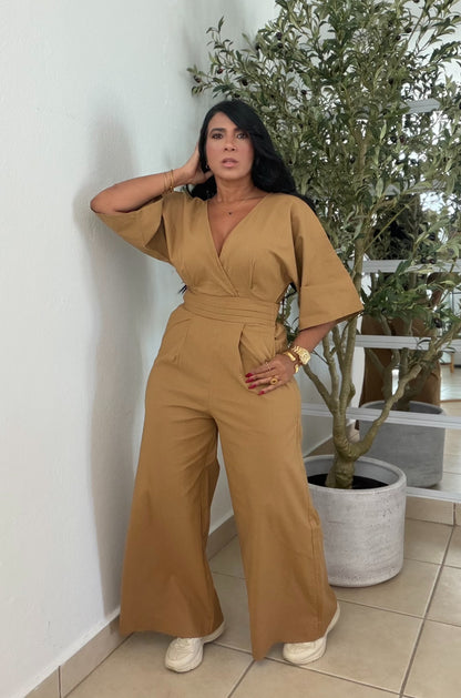 Bello Gold Brown Liner Bien Spandex Wide Leg Jumpsuit (tiene bolsillos)