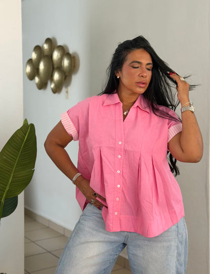 Luxe Bubble Pink Linen Oversized Blusòn (mangas se usan de dos formas) Rosa intensi de lujo puro