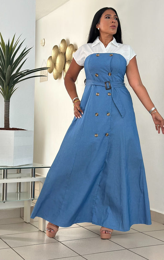 Ellas Spandex Blue DENIM Maxi Dress (Inclue cinturón removible, tiene bolsillos, liviano y totalmente suelto)