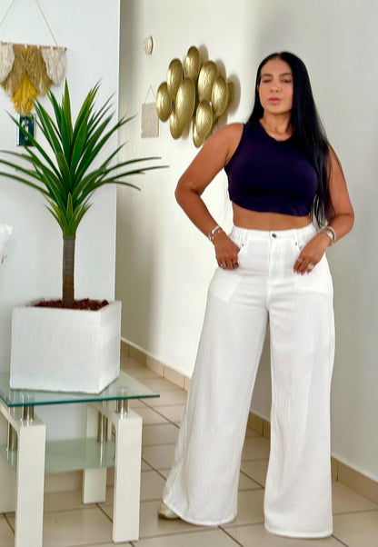 Divine Mega Spandex Wide Leg Trend Pants (Oversized) tiene bolsillos (WHITE DENIM NO CLAREA) Oversized