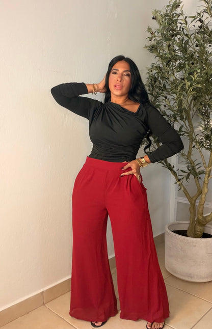 Luxe Red Wine Palazzo Spandex Pants (ben spandex es para quedar suelto porque es palazzo) con bolsillos