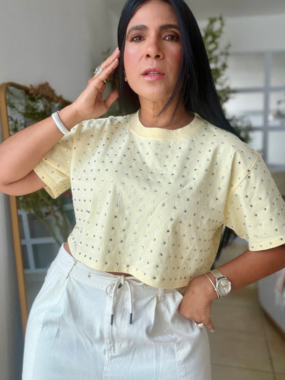 Trend Butter yellow and glitter Luxe top (el estilo es oversized no para quedar pegada)