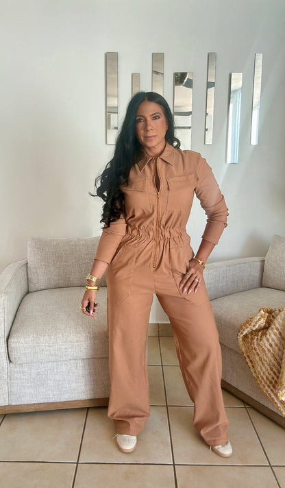Tan Tan Oversized Spandex Jumpsuit With Pockets Wide Leg