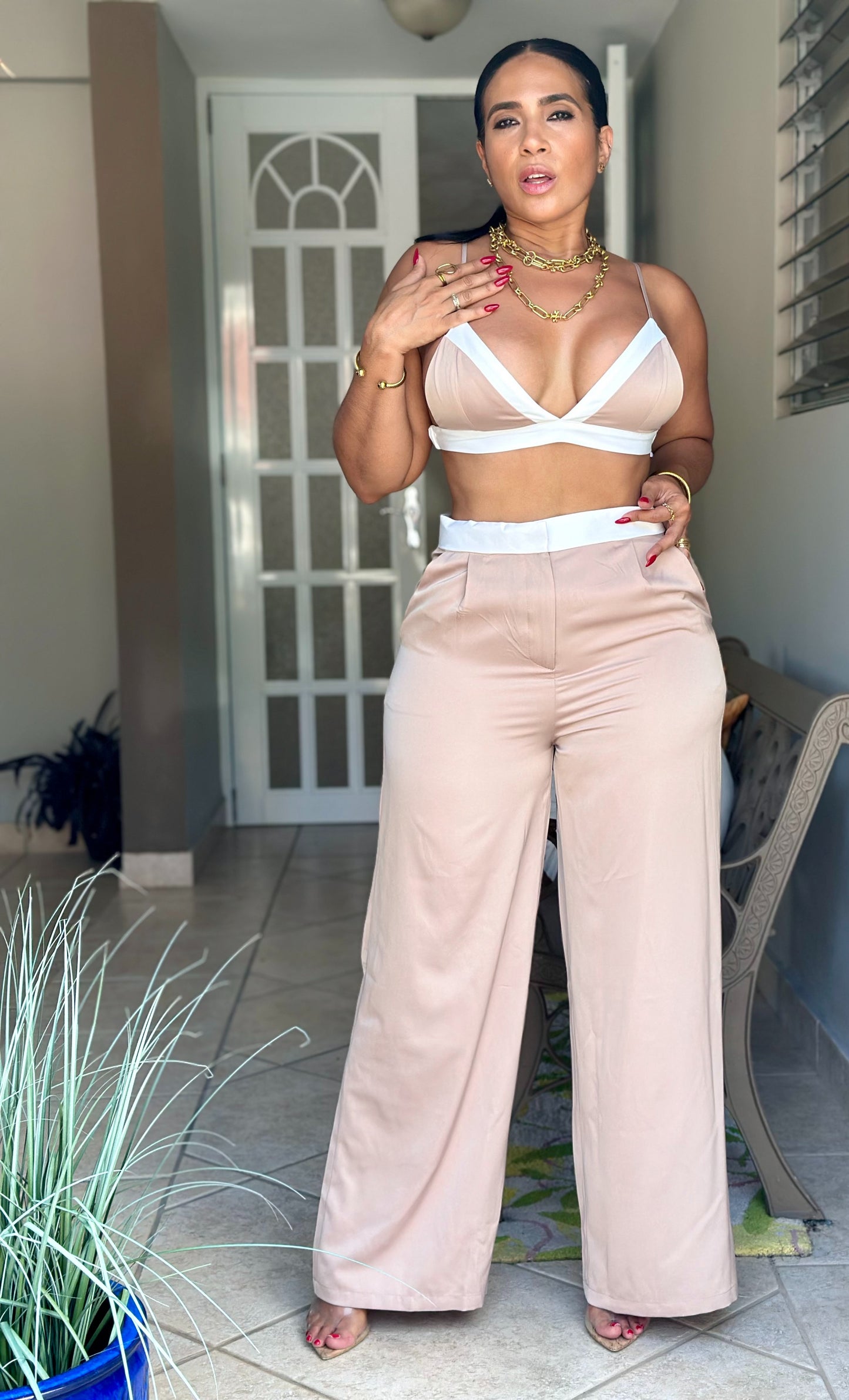 Mía Bella Satin Color block Pants Set