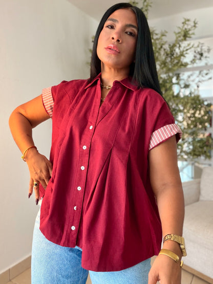 Luxe Red Wine Linen Oversized Blusòn (mangas se usan de dos formas) Rojo Wine(SOLD OUT GRACIAS)