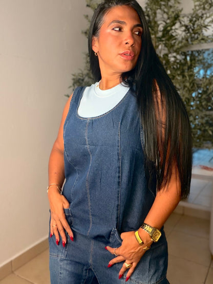 Baggy Dark Denim (azul oscuro) con bolsillos Overall Ajustable Mega Premium Barrel
