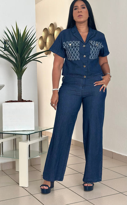 El Perfecto Denim Blue Mega Spandex Top and Pants Set