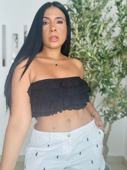 Black Spandex Ruffle Crop Top (Bien cómoda y expandible total)