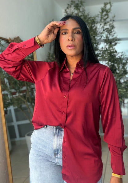 Red Wine Luxe Silk Blouse (Color rojo wine)