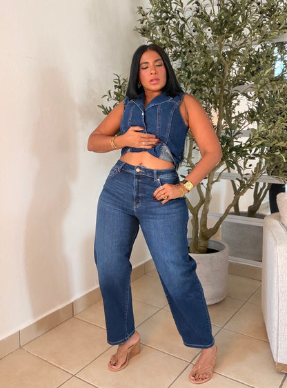 Dark Denim Blue Spandex Premium Barrel Jeans