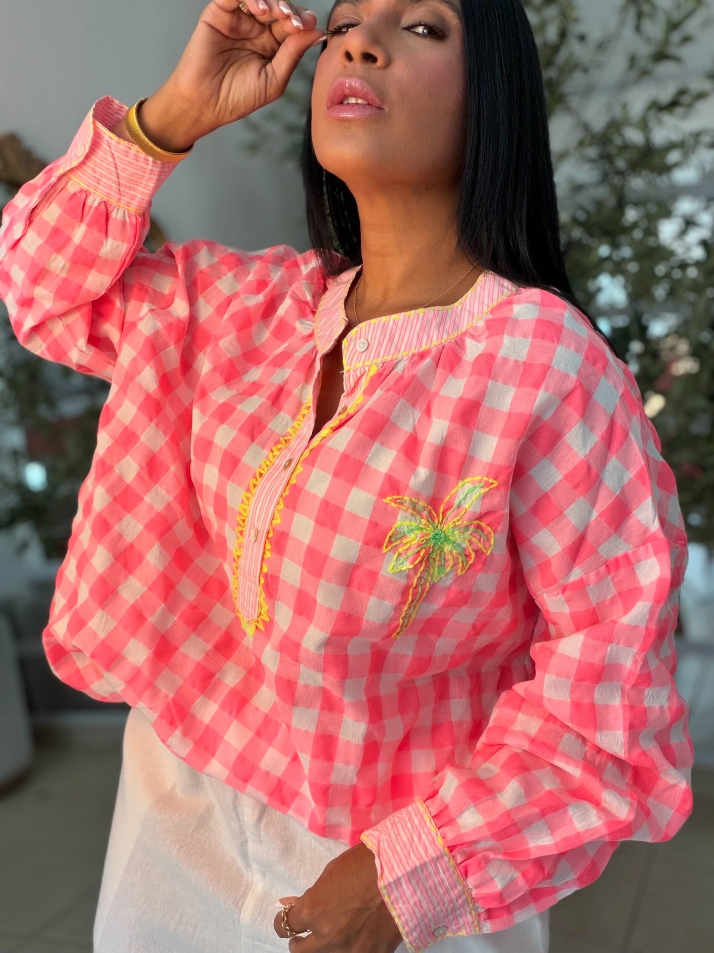 The Palms Luxe Oversized Gingham Blouse (Blusòn Oversized) Neon Multicolor