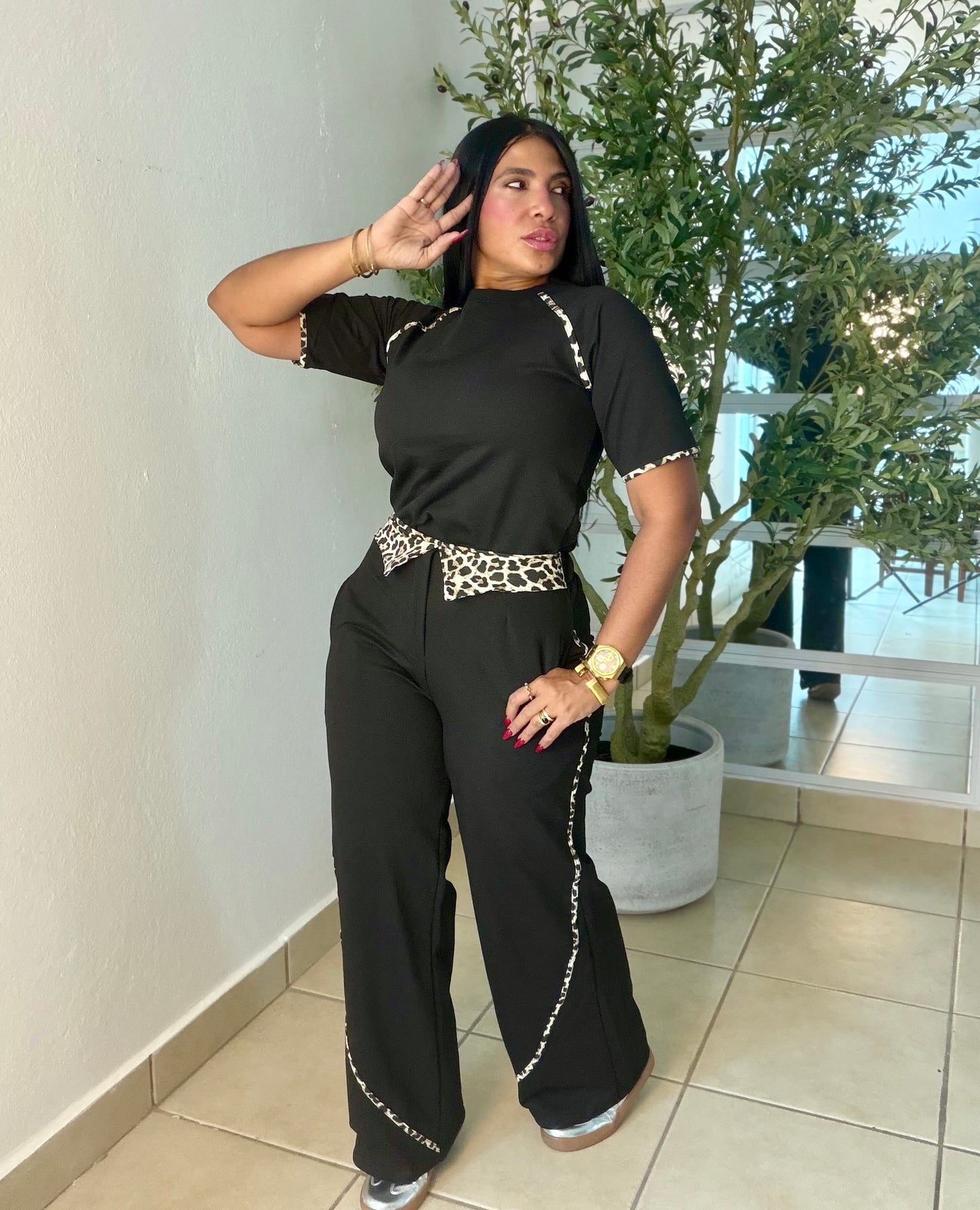 Black and animal print cotton spandex set
