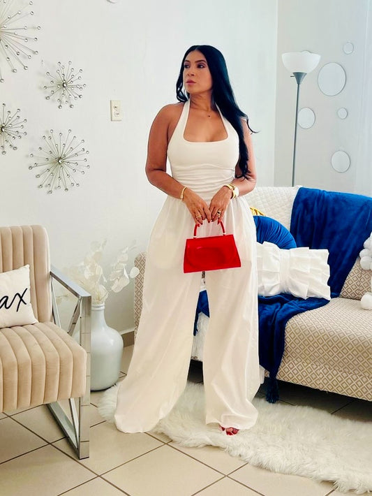 Luxe White Spandex Wide Leg Jumpsuit (Tiene bolsillos)