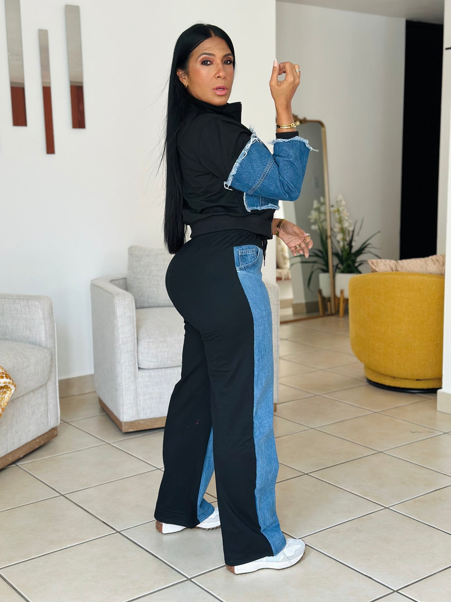 Majestic Denim BlueBlue and Black Cotton Spandex Set