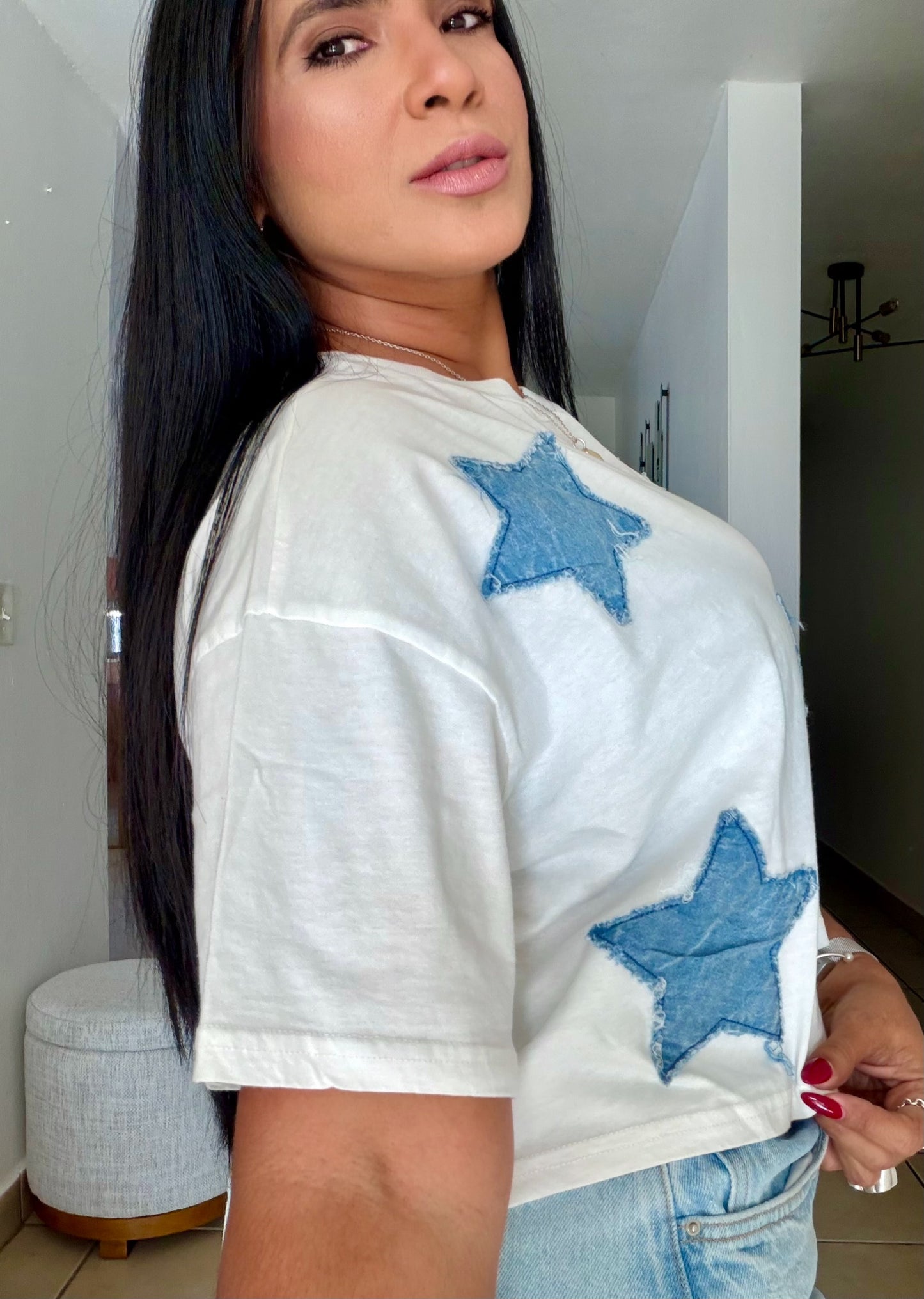 Estrellas White and Denim Top