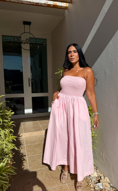 Stunning Pink Tube Spandex Midi Dress (demasiado bello!!) tiene bolsillos. No zipper ni botones