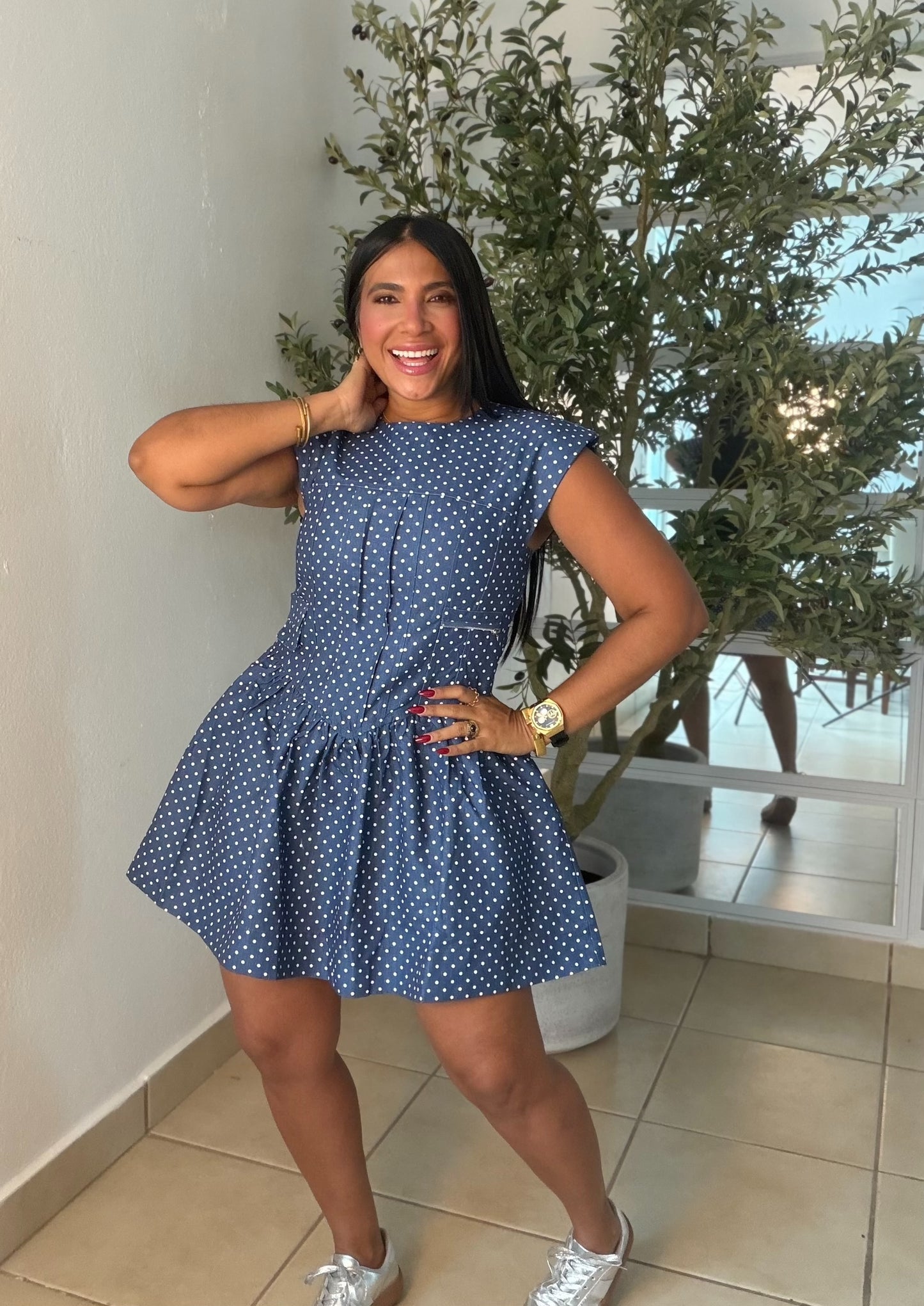 Denim Blue Mini Polka Dots Spandex Dress Blue.  Tiene bolsillo removible (SOLD OUT GRACIAS)