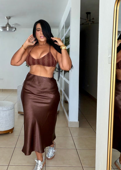 Texas Choco Brown Silk Spandex Midi Skirt (SOLD)