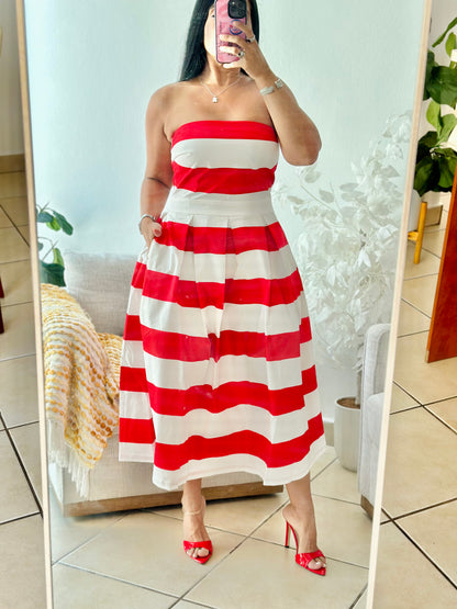 Red and White Tube Midi Dress