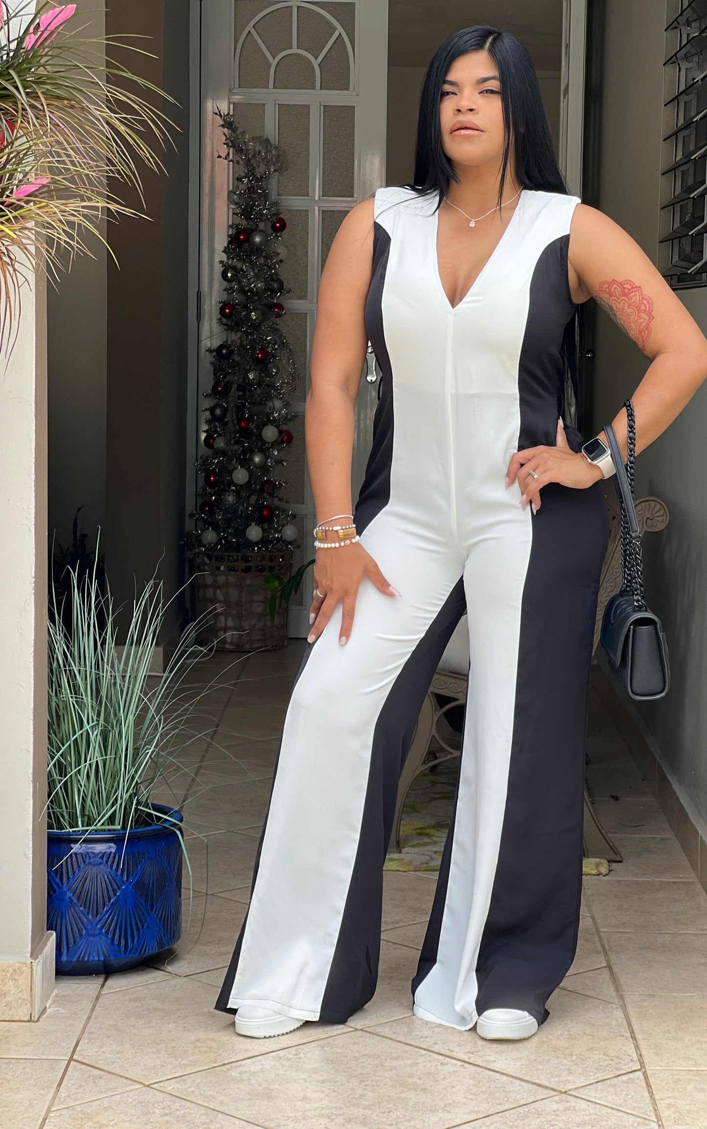 Black and White Luxe Wide Leg Jumpsuit