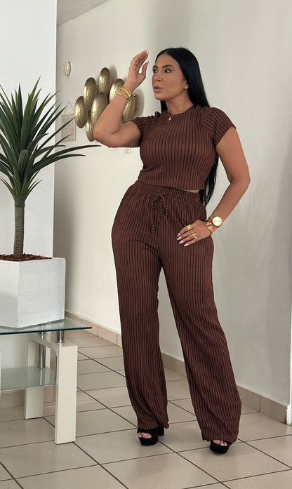 Indiana Spandex Brown con líneas negras Wide Leg Pants Set
