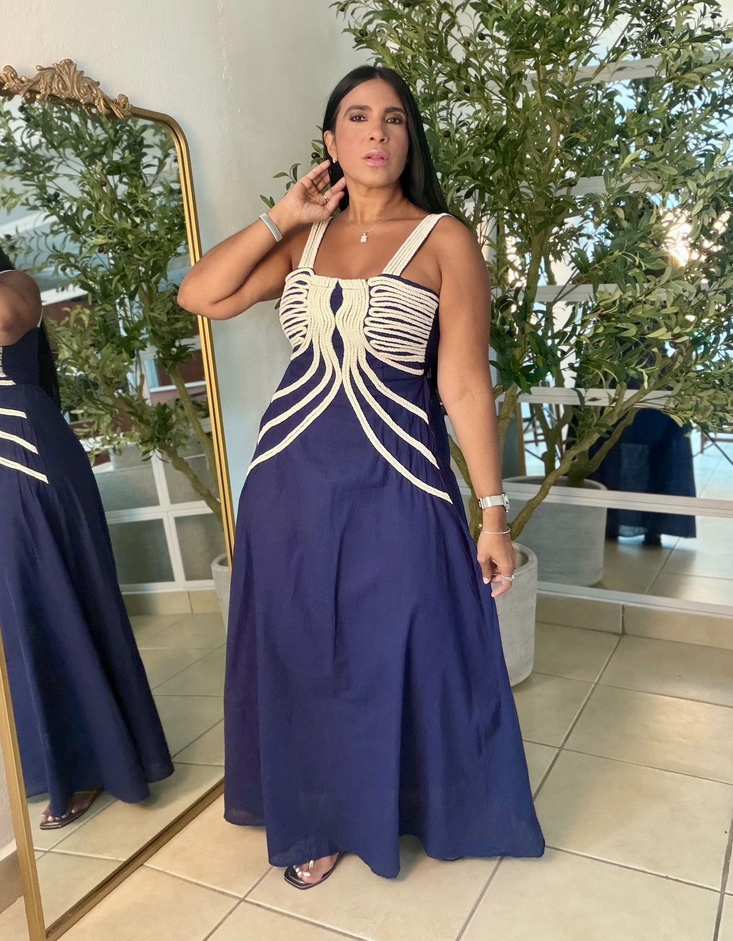 Palacios Crochet and Linen Spandex Doble forro suelto Maxi Dress (azul oscuro marino) Navy Blue