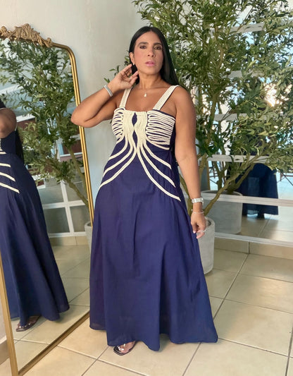 Palacios Crochet and Linen Spandex Doble forro suelto Maxi Dress (azul oscuro marino) Navy Blue