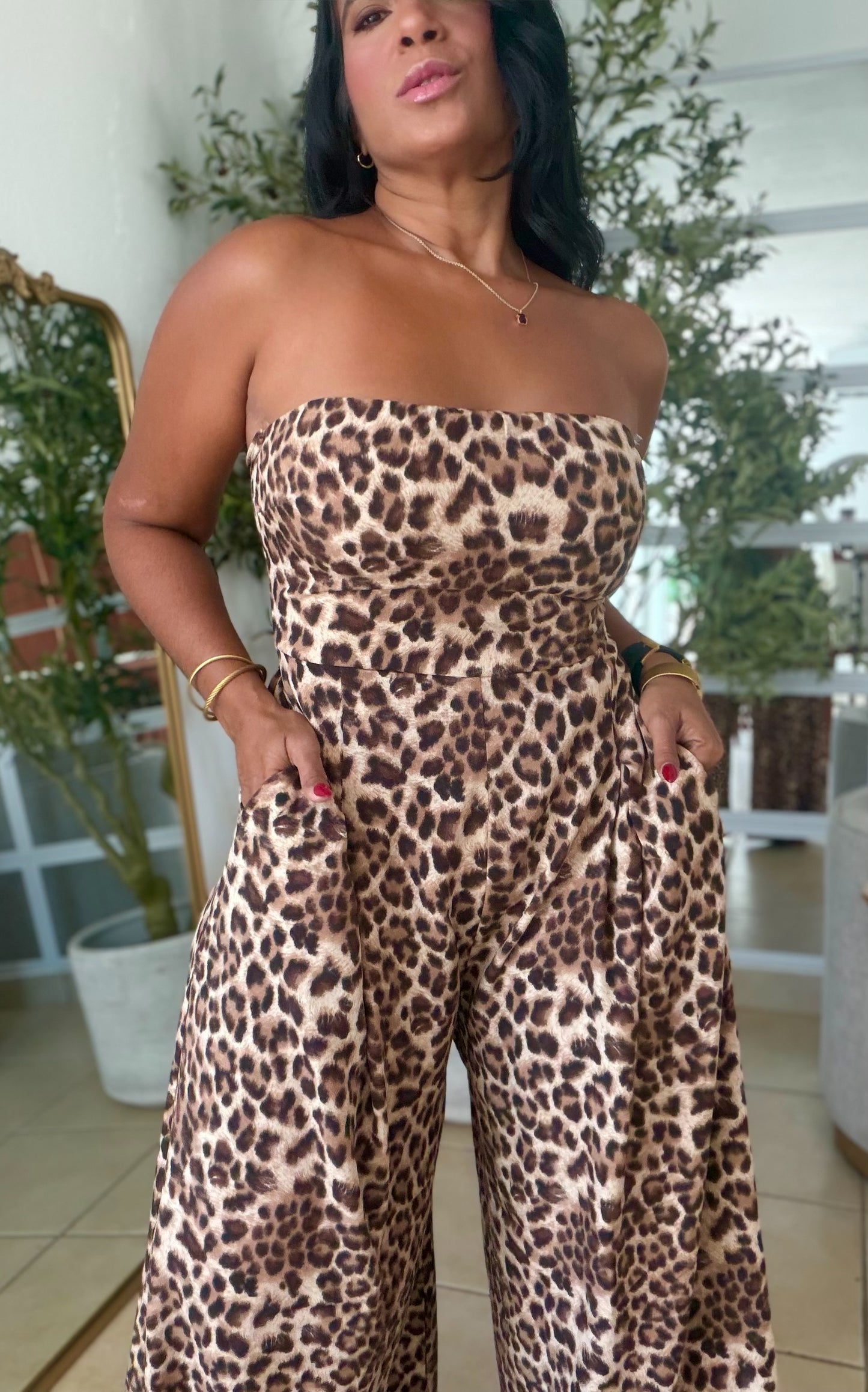 Ava Spandex Animal Print Tube Jumpsuit Palazzo (tiene bolsillos y no zipper ni botones)