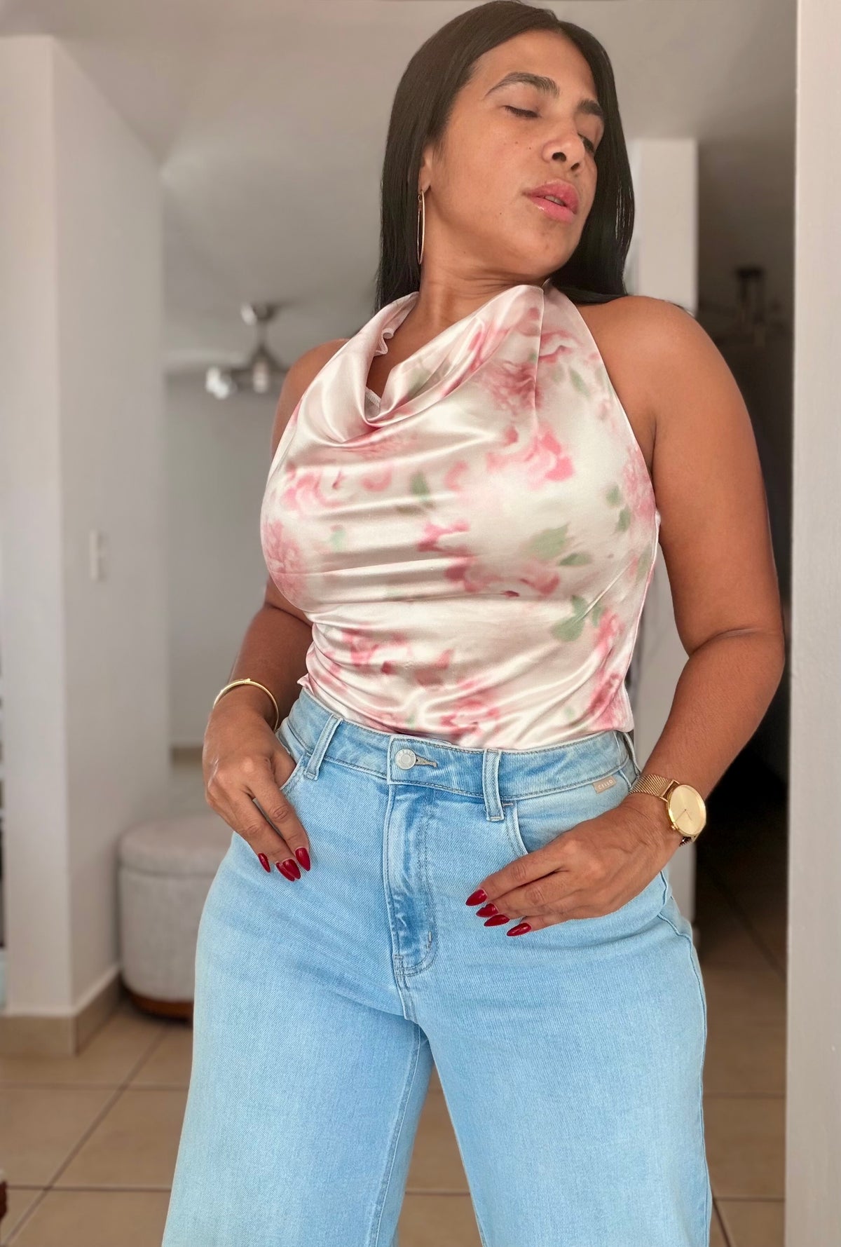 Halter Top Blusa de Lujo expandible pink and sage green (la ajustas con amarre en cuello)