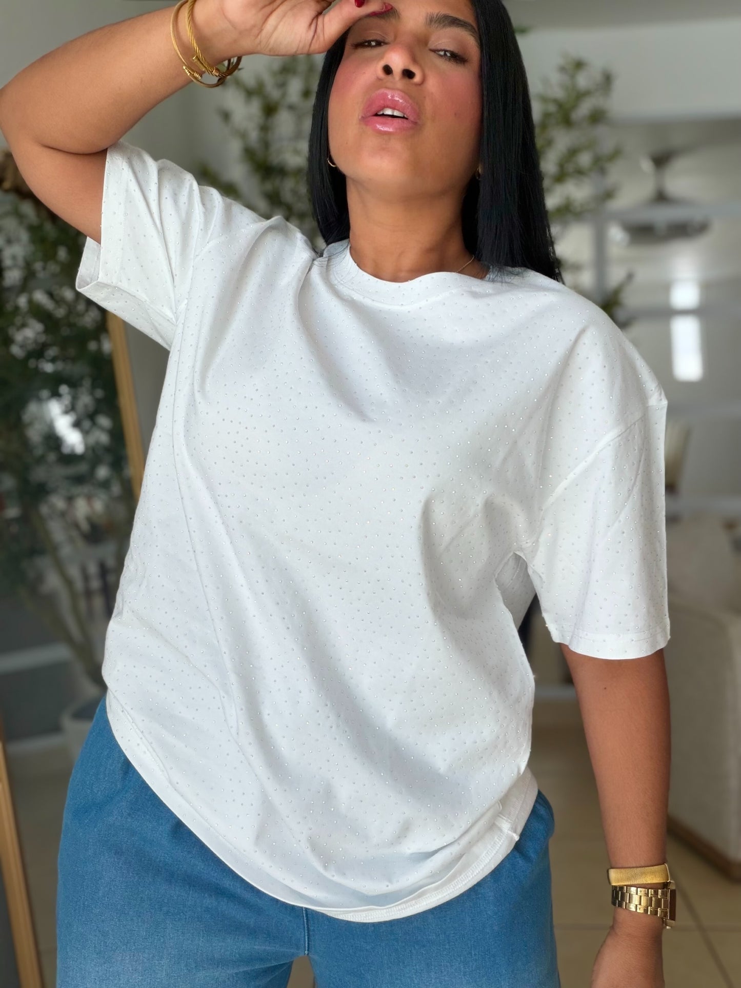 Oversized Premium CottonWhite Top con brillitos fijos (color Blanco) Luxury