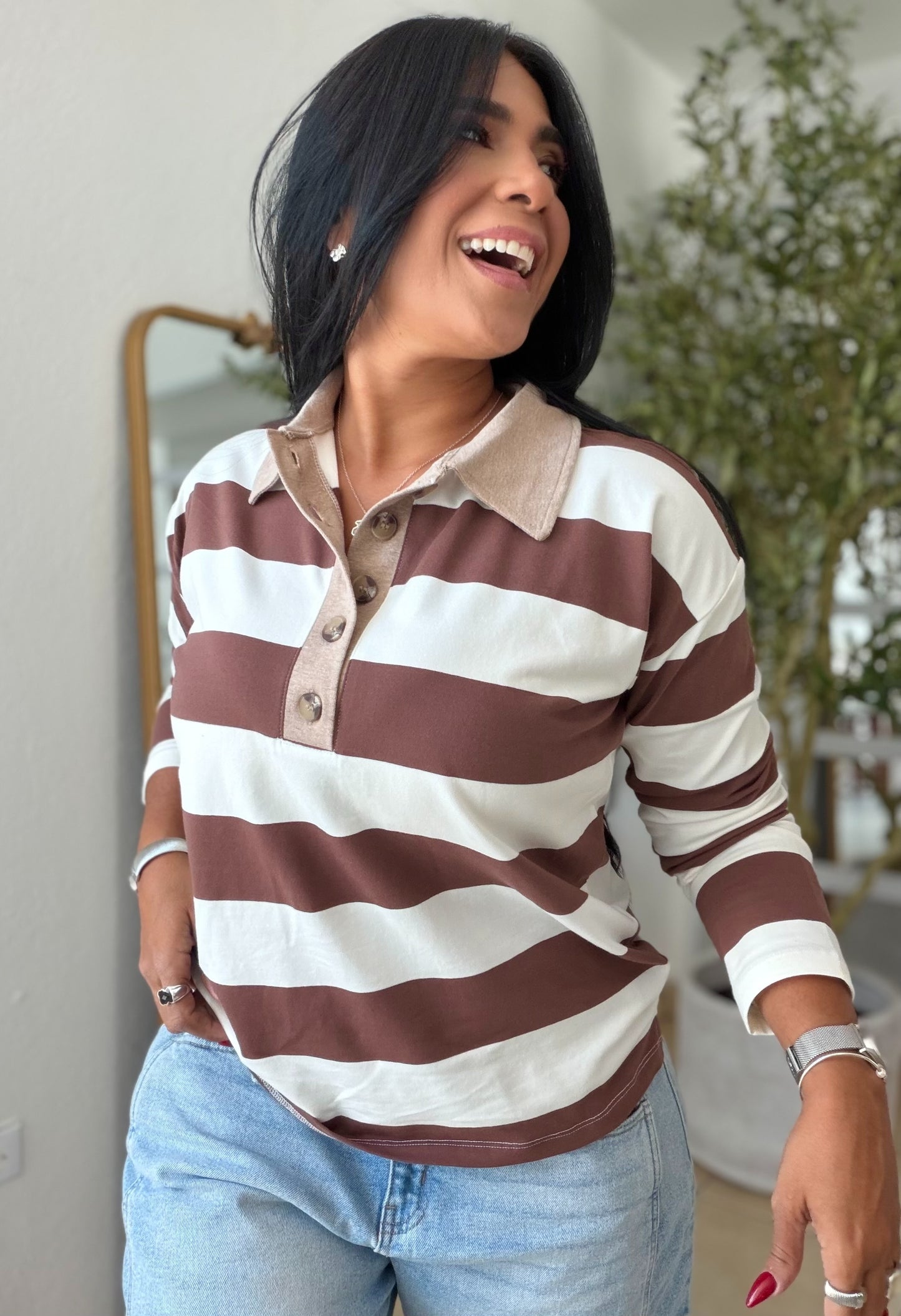 Choco Brown and White Striped Spandex Polo Top De Lujo )SOLD OUT