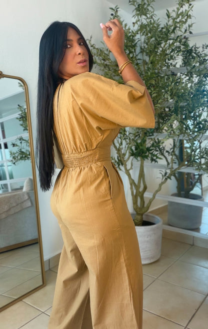 Bello Gold Taupè Bien Spandex Wide Leg Jumpsuit (tiene bolsillos)