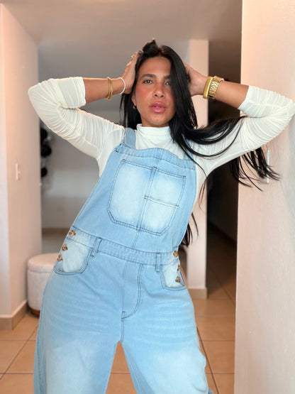Baggy Barrel Spandex Overall Mega Premium.  Denim light Blue.