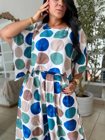 Polka Dots Spandex Palazzo Pants and Top Set Blue Multi de Lujo (tiene bolsillos)SOLD OUT GRACIAS