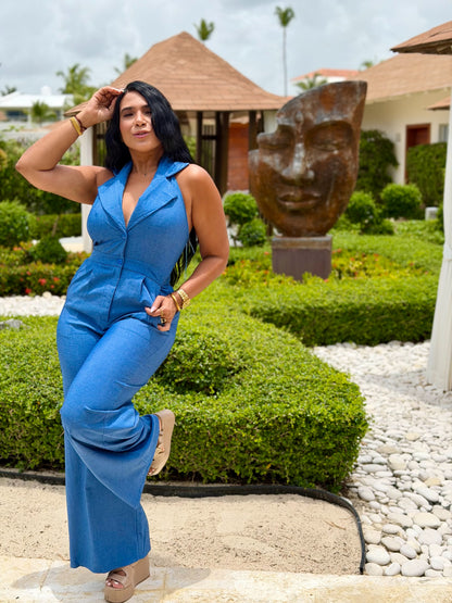 Ava  Blue Denim Blue Luxe Spandex Linen Vest Jumpsuit(AZUL)