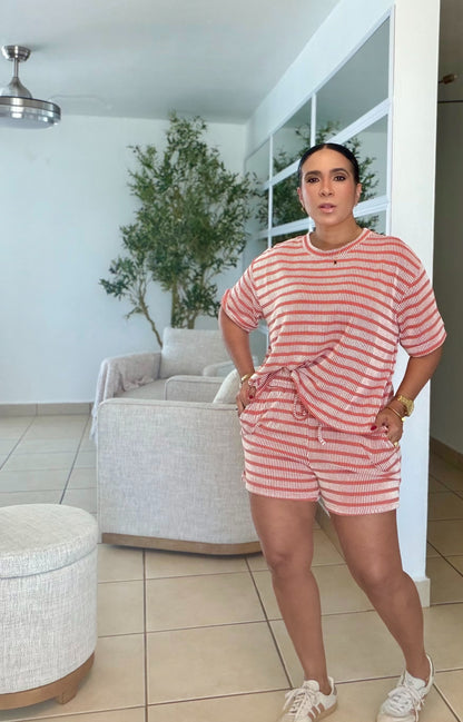 Divas Orangw and White Striped Spandex Luxe pants and Blusòn Shorts Set (SOLD OUT)
