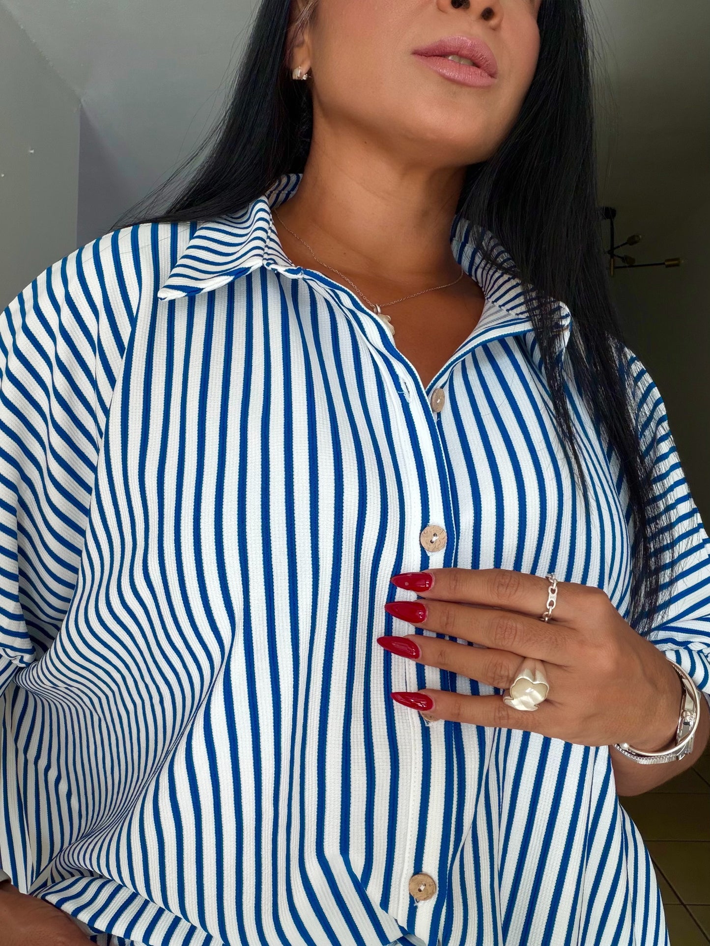 Ocean Blue Blue and White Oversized Stripe De Lujo Blusón