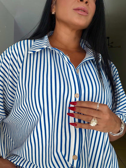 Ocean Blue Blue and White Oversized Stripe De Lujo Blusón